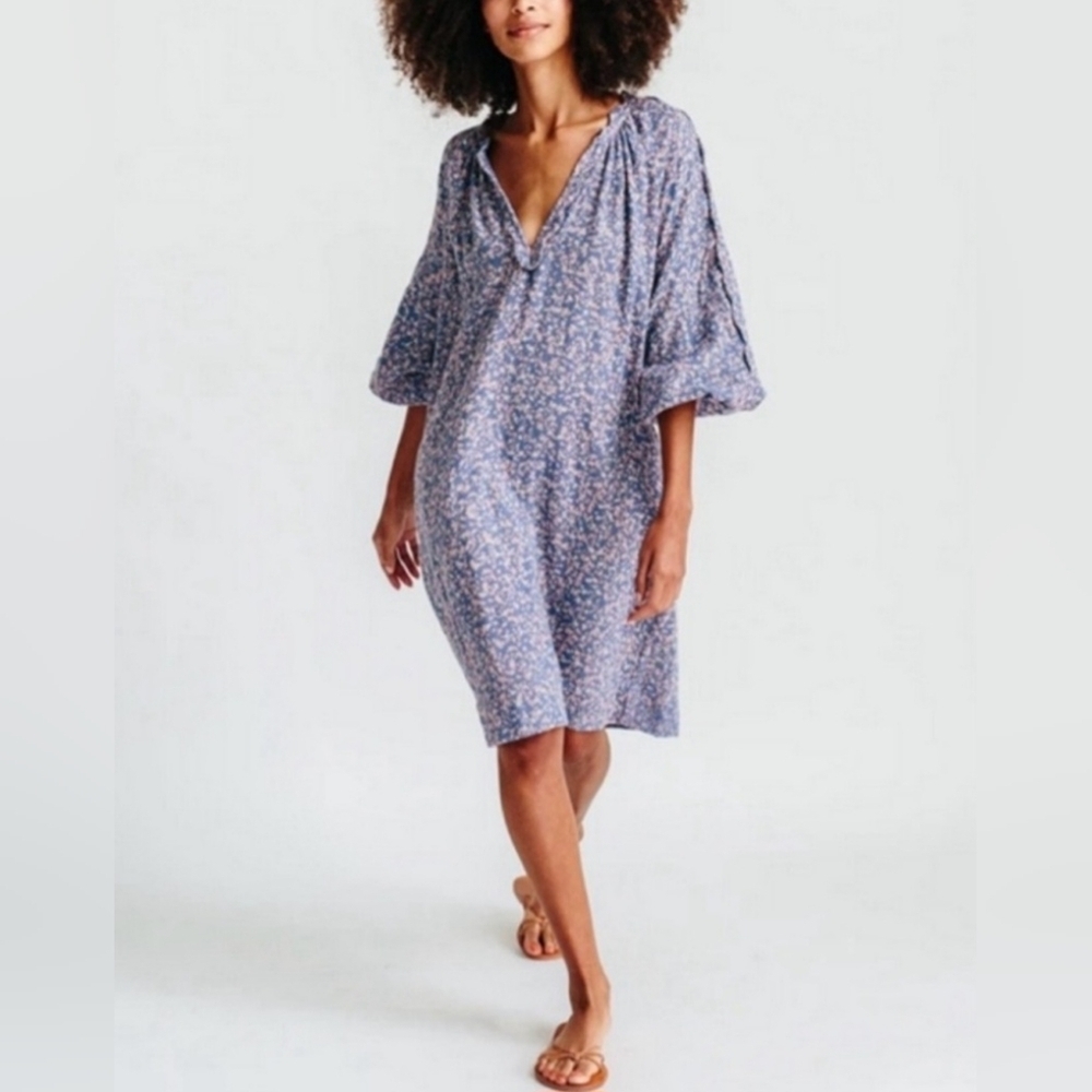 MIRTH Blue Floral V-Neck Mini Dress with Puff Sleeves Size S